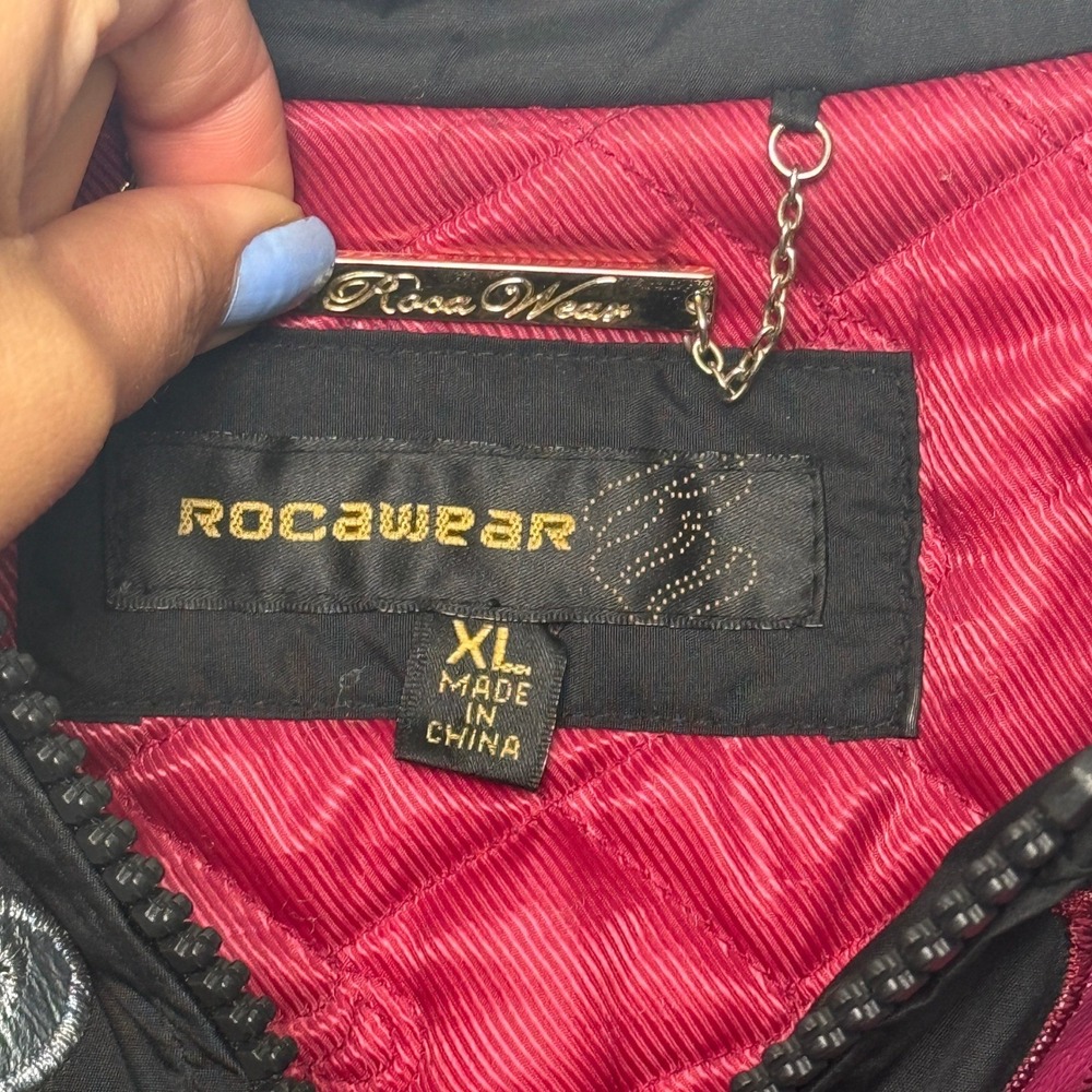 VTG Rocawear Y2K Bomber Jacket Black Pink Leather Logo Patch XL Womens